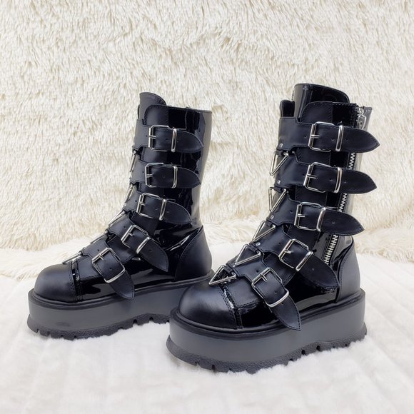 Men's Unisex Slacker Triangle Gear Goth Punk Platform Mid Calf Boots - Picture 10 of 12